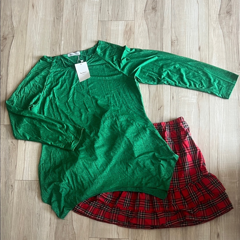 2 piece set Green Top and Red Plaid Skirt Set